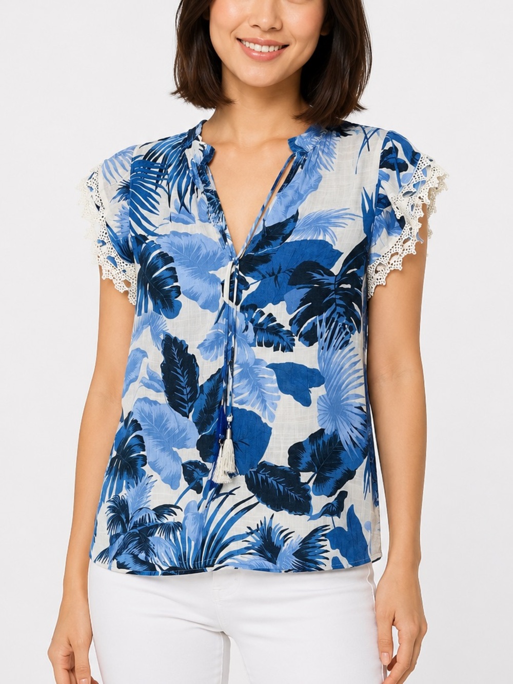 Nanette Lepore Blue Tropical Print Tassel Tie Blouse Lace Trim Boho Resort Top S